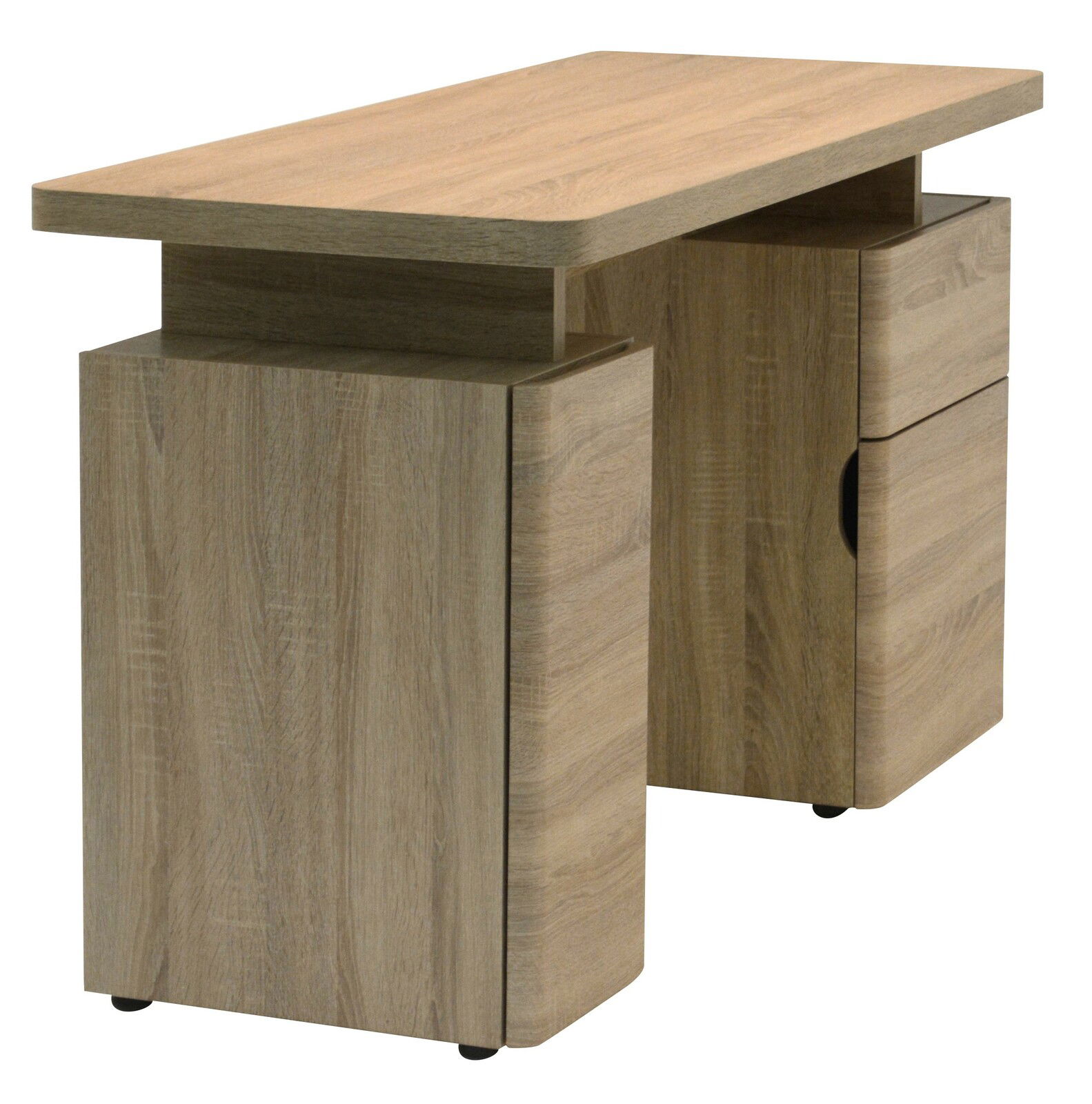 Moderner Schreibtisch aus Holz mit zwei Schubladen, seitliche Perspektive