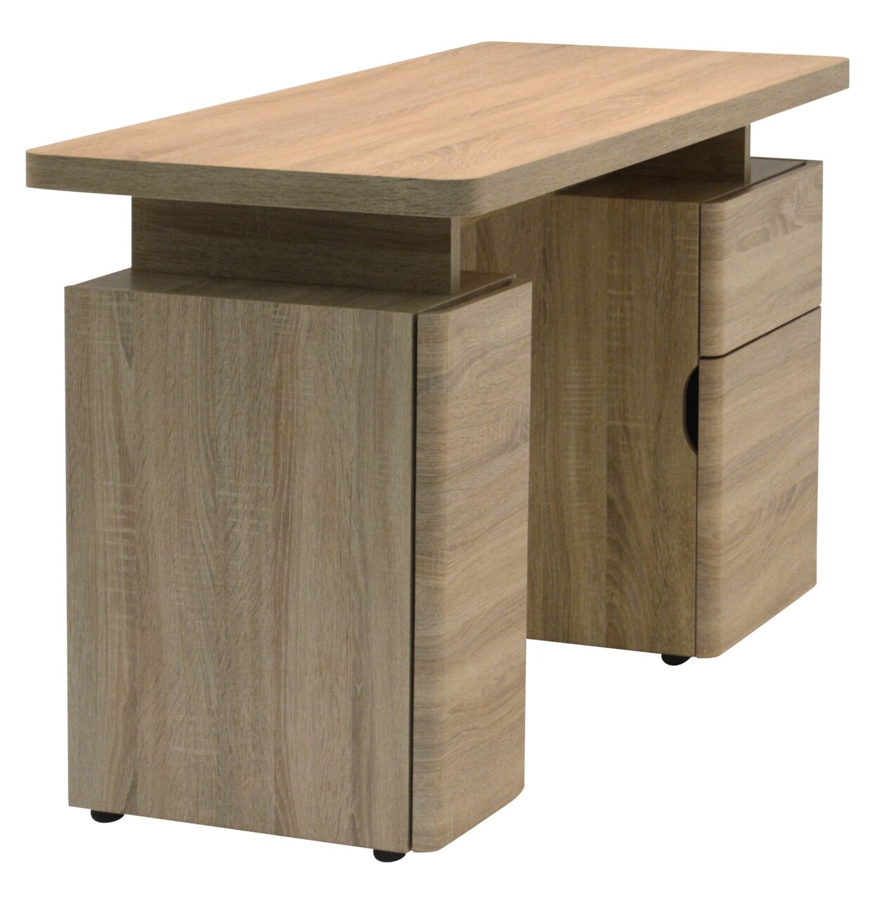 Moderner Schreibtisch aus Holz mit zwei Schubladen, seitliche Perspektive