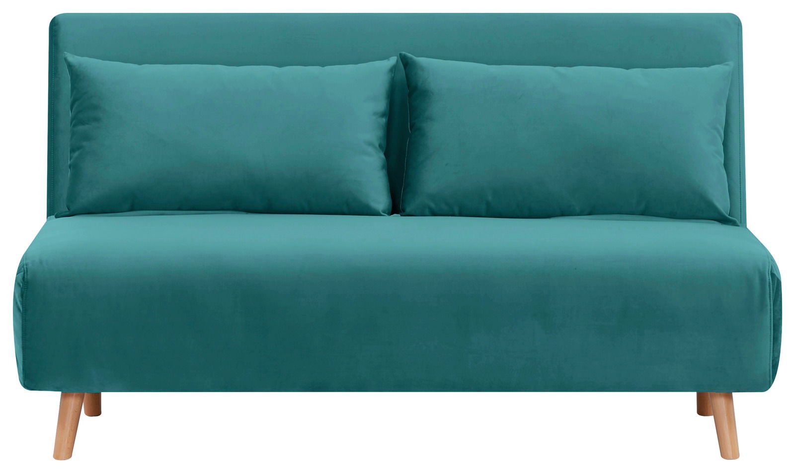 Grünes Funktionssofa mit zwei Kissen, Vorderansicht