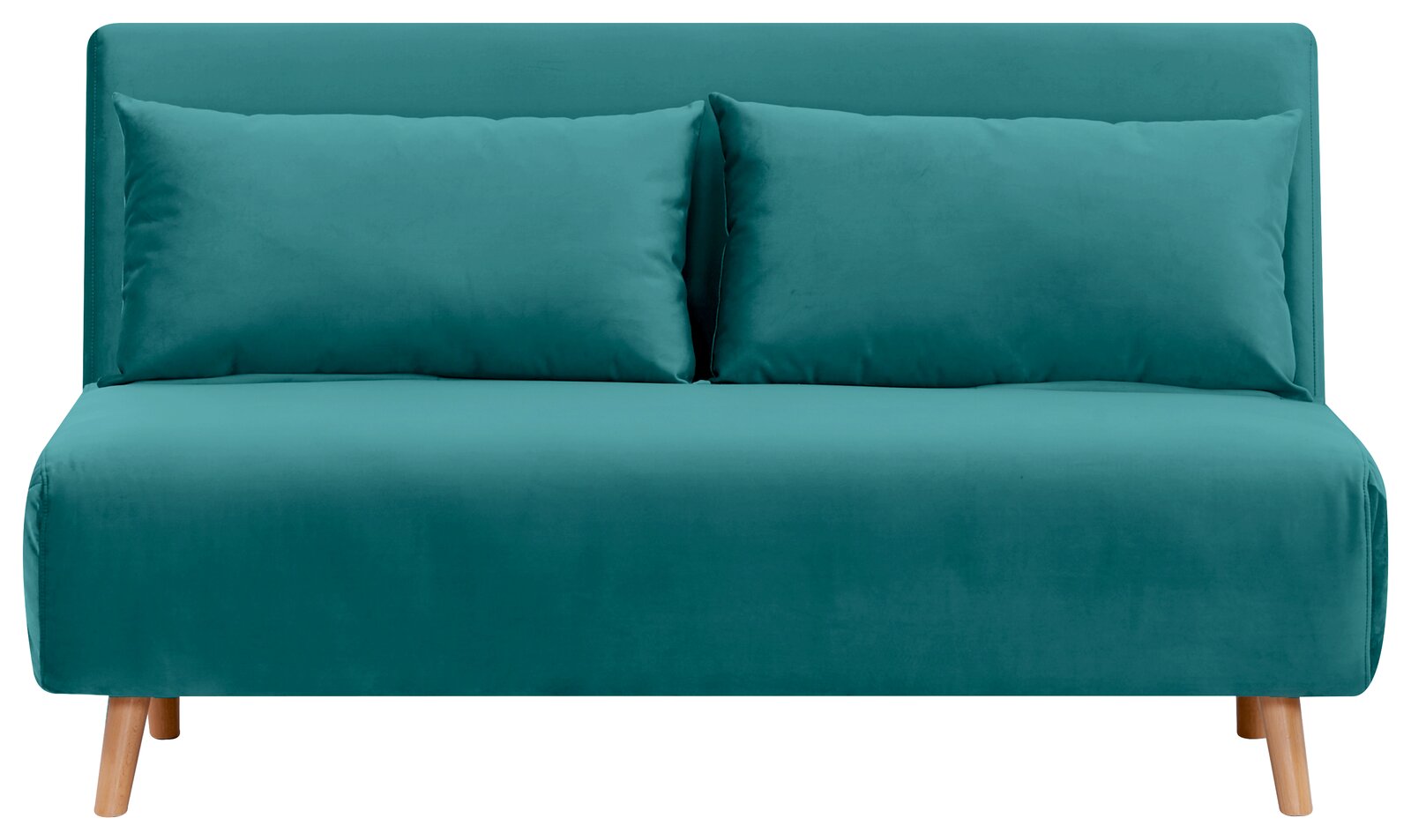 Grünes Funktionssofa mit zwei Kissen, Vorderansicht