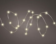 Solarbetriebene Lichterkette mit warmweißen LED-Lichtern, aus der Vogelperspektive fotografiert.