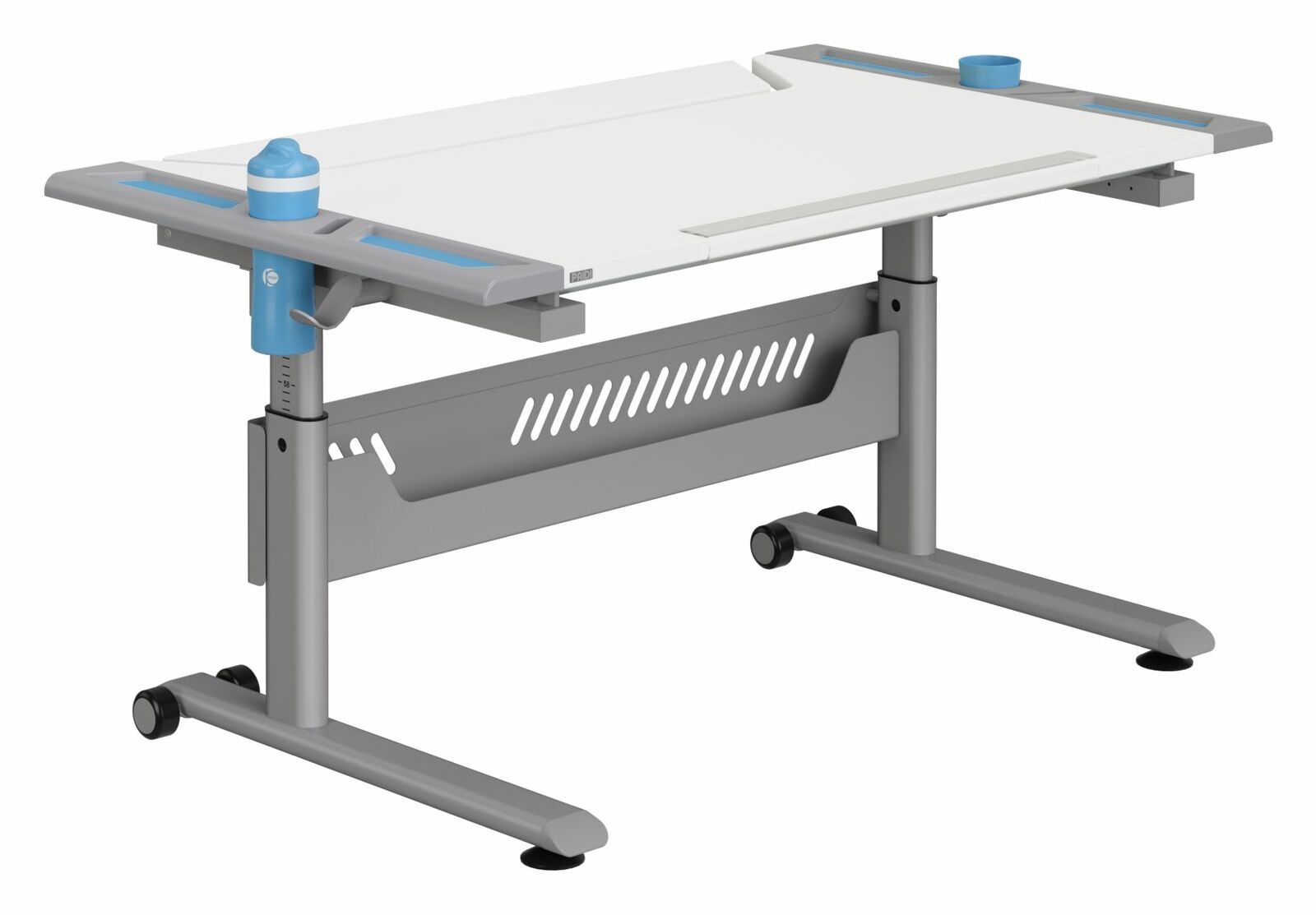 Moderner höhenverstellbarer Schreibtisch mit grauem Gestell und weißer Tischplatte, seitliche Ansicht