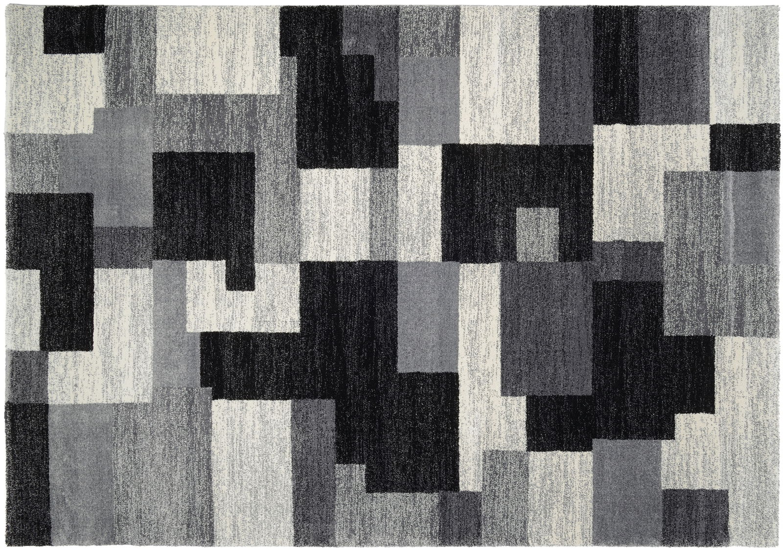 Frisé-Teppich mit geometrischem Muster in Grautönen, Draufsicht