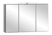 Moderner Spiegelschrank mit drei Türen und integrierter Beleuchtung, seitliche Perspektive