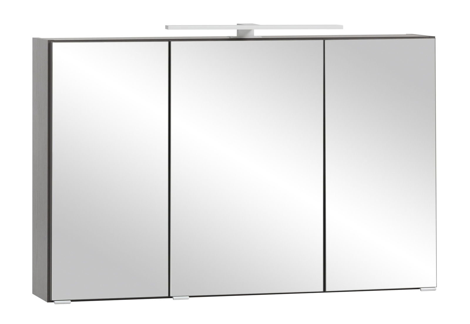 Moderner Spiegelschrank mit drei Türen und integrierter Beleuchtung, seitliche Perspektive