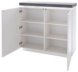 Weißes Highboard mit offenem Schrank, sechs Fächer, dunkle Oberseite, Frontansicht