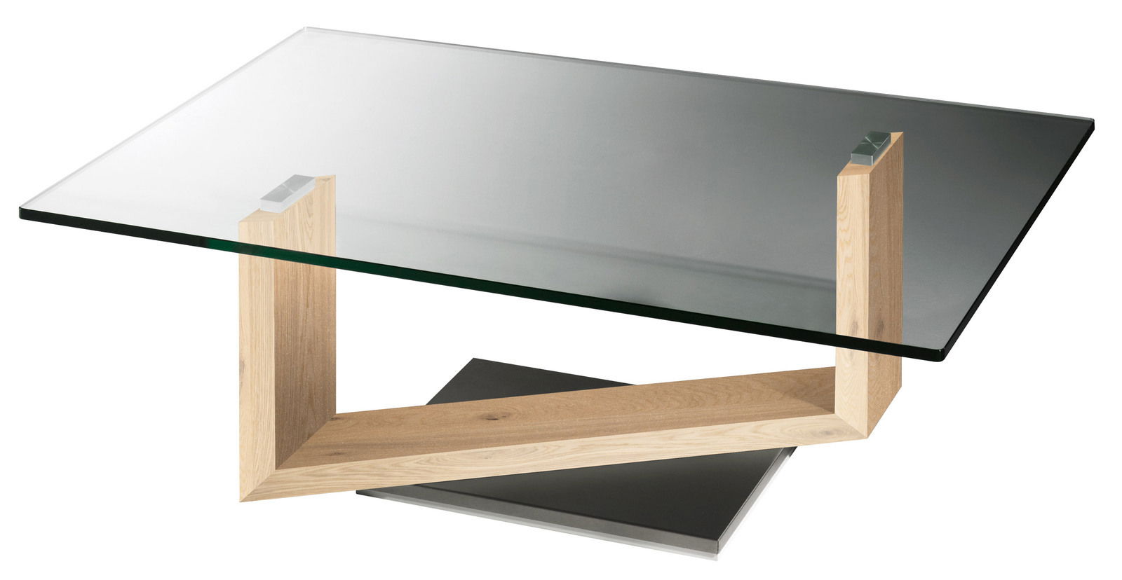 Moderner Couchtisch mit Glasplatte und Holzgestell, seitliche Perspektive