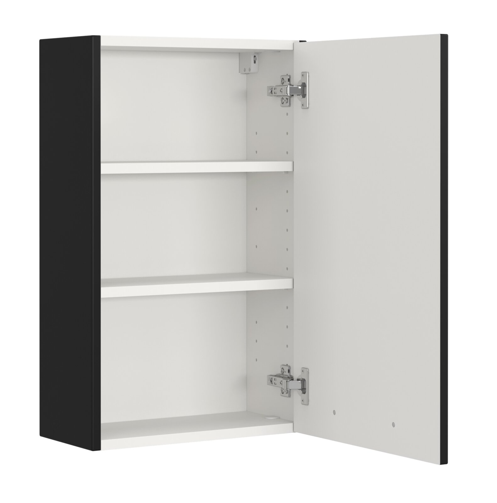 Hangkast met geopende deur, twee legplanken en een zwarte behuizing, gezien van rechts vooraan