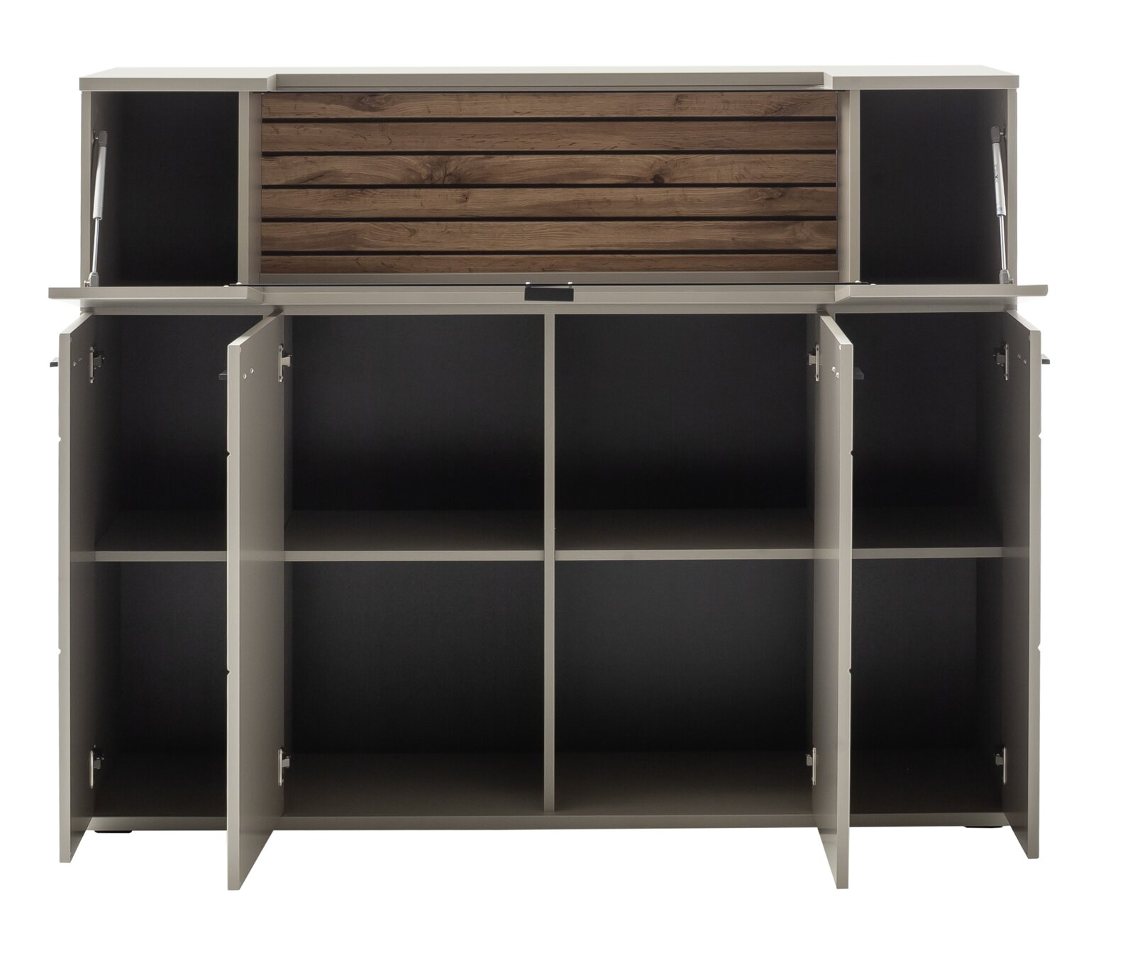 Großer Schuhschrank in Grau mit Holzoptik-Rückwand und mehreren offenen Fächern, Klappen nach oben geöffnet, Frontalansicht.