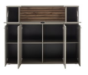 Großer Schuhschrank in Grau mit Holzoptik-Rückwand und mehreren offenen Fächern, Klappen nach oben geöffnet, Frontalansicht.