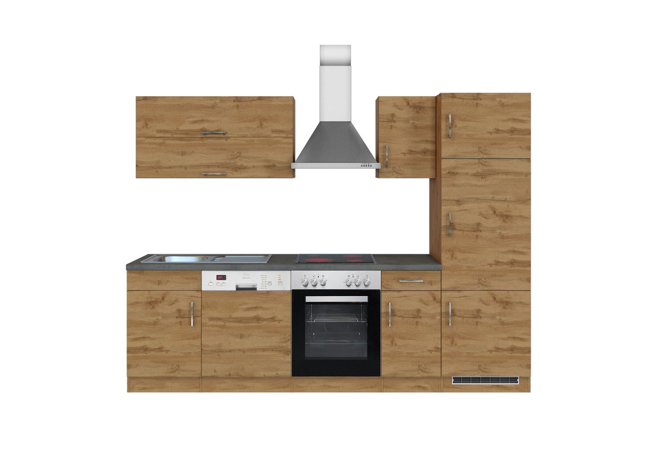 Moderne Küchenzeile in Holzoptik mit Herd, Spüle und Dunstabzugshaube, frontale Ansicht