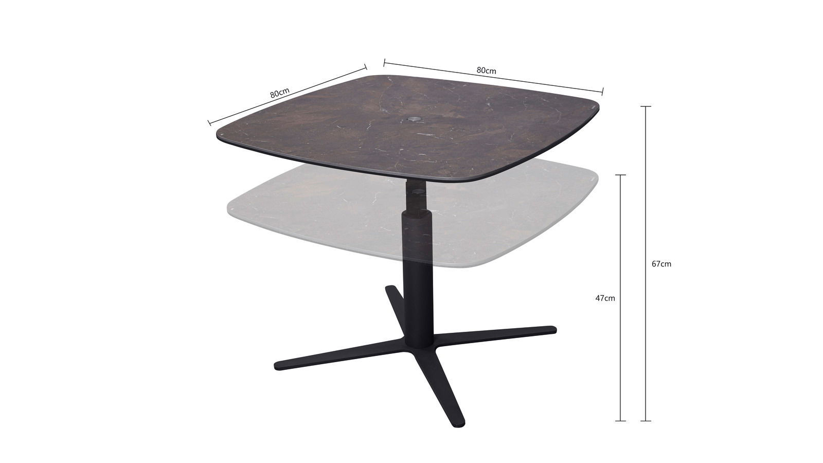 Moderner Couchtisch mit quadratischer, dunkler Tischplatte und verstellbarer Höhe, seitliche Perspektive.