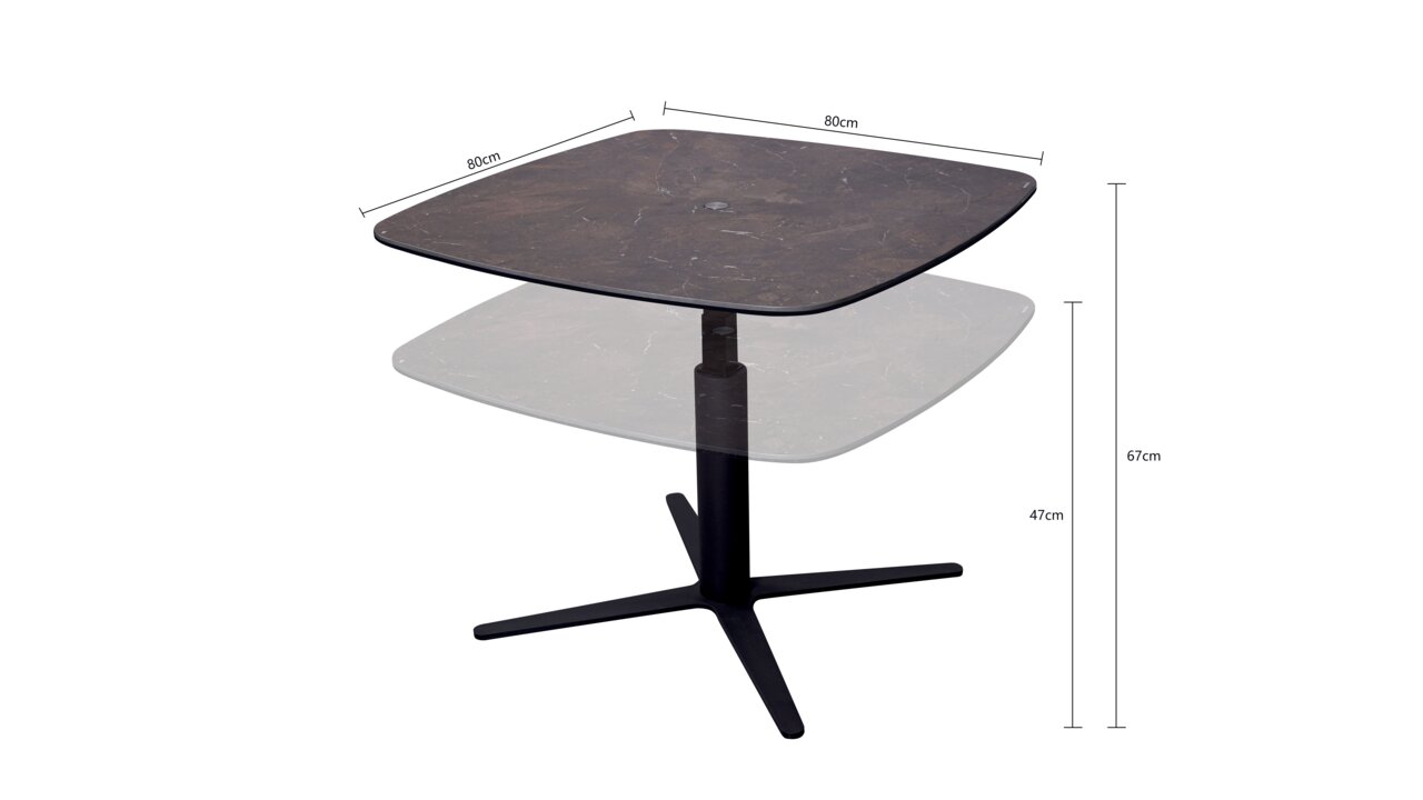 Moderner Couchtisch mit quadratischer, dunkler Tischplatte und verstellbarer Höhe, seitliche Perspektive.