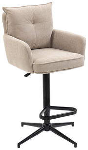 Beiger Barhocker mit Armlehnen und schwarzem Metallfuß, seitliche Perspektive