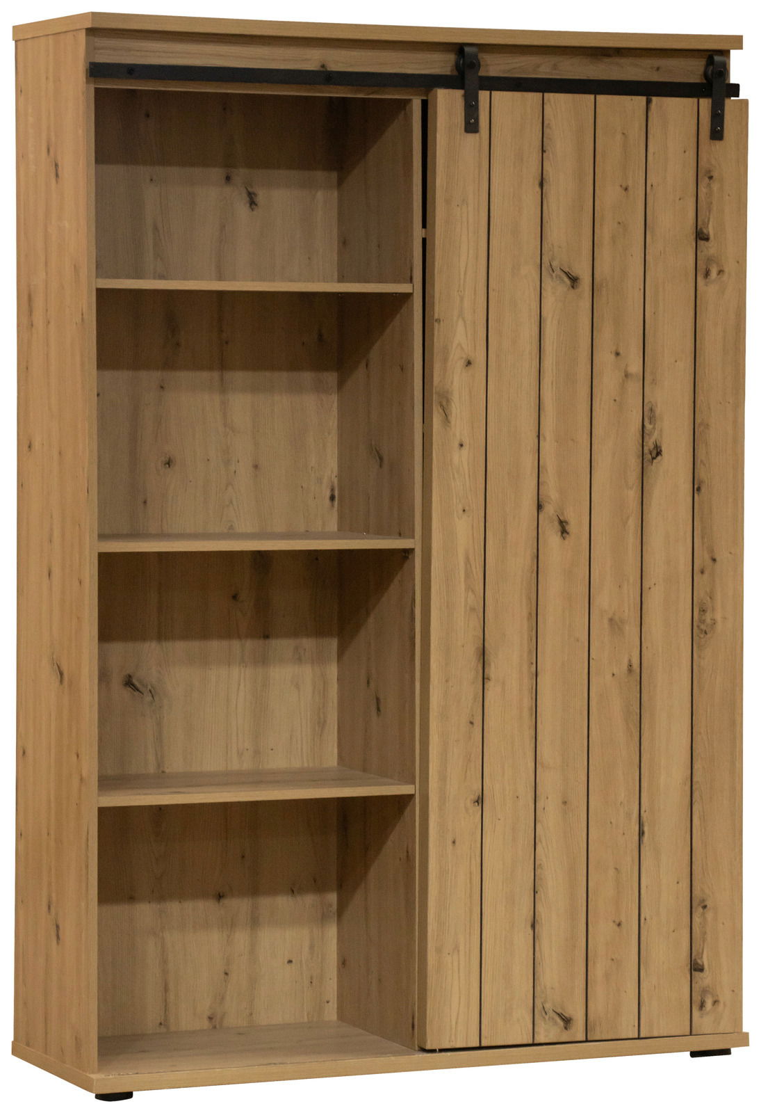 Hochwertiges Highboard aus Holz mit Schiebetür, offene Regalfächer links, Frontansicht