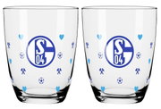 Zwei transparente Trinkgläser mit blauem FC-Schalke-04-Logo und dekorativen Fußball-, Herz- und Schlägelmotiven, frontal abgebildet