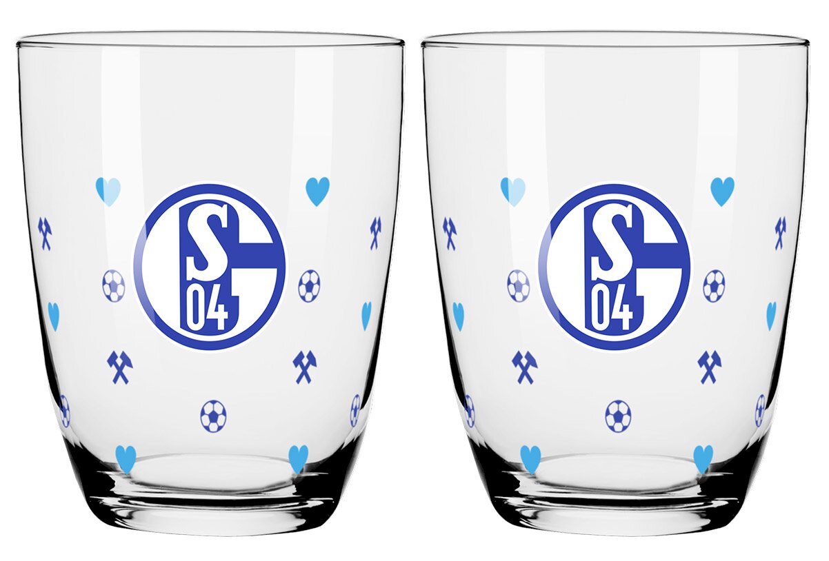 Zwei transparente Trinkgläser mit blauem FC-Schalke-04-Logo und dekorativen Fußball-, Herz- und Schlägelmotiven, frontal abgebildet