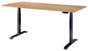 Moderner höhenverstellbarer E-Schreibtisch mit Holzplatte und schwarzen Metallbeinen, seitliche Perspektive