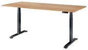 Moderner höhenverstellbarer E-Schreibtisch mit Holzplatte und schwarzen Metallbeinen, seitliche Perspektive
