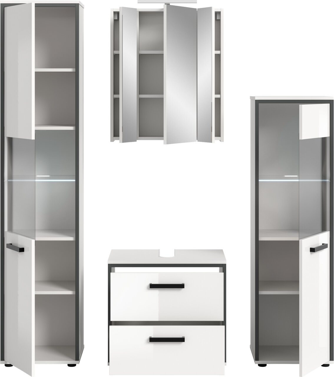 Badmöbel-Set in Weiß und Anthrazit mit Hochschrank, Spiegelschrank und Waschtischunterschrank mit zwei Schubladen, teils mit geöffneten Türen und sichtbaren Regalböden, Frontansicht