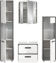 Badmöbel-Set in Weiß und Anthrazit mit Hochschrank, Spiegelschrank und Waschtischunterschrank mit zwei Schubladen, teils mit geöffneten Türen und sichtbaren Regalböden, Frontansicht