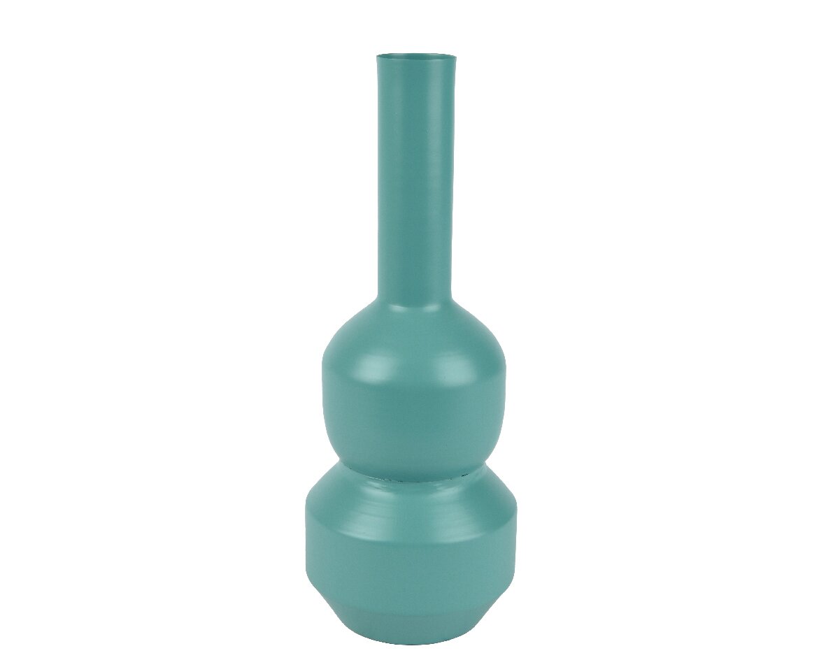 Türkise Vase mit schlankem Hals und bauchigem Mittelteil, seitliche Perspektive
