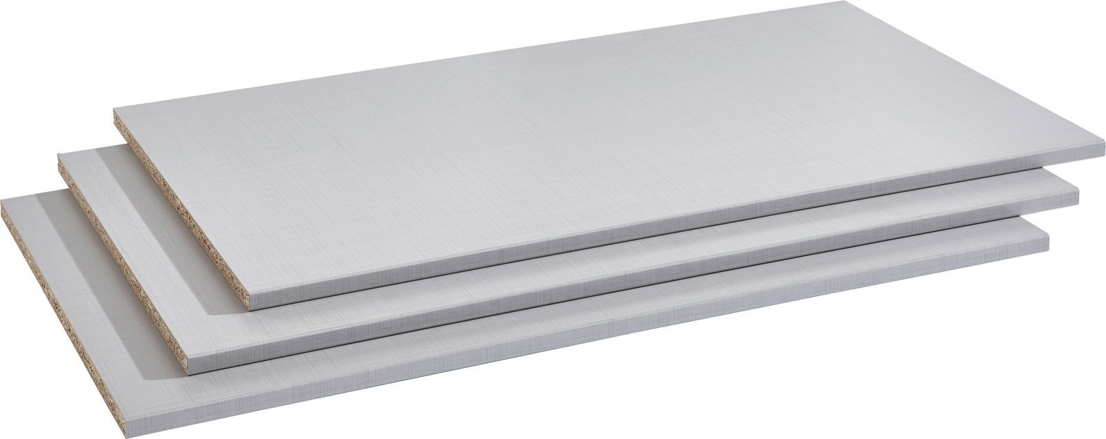 Drei gestapelte Einlegeböden aus Holzwerkstoff in einer schrägen Perspektive von oben.