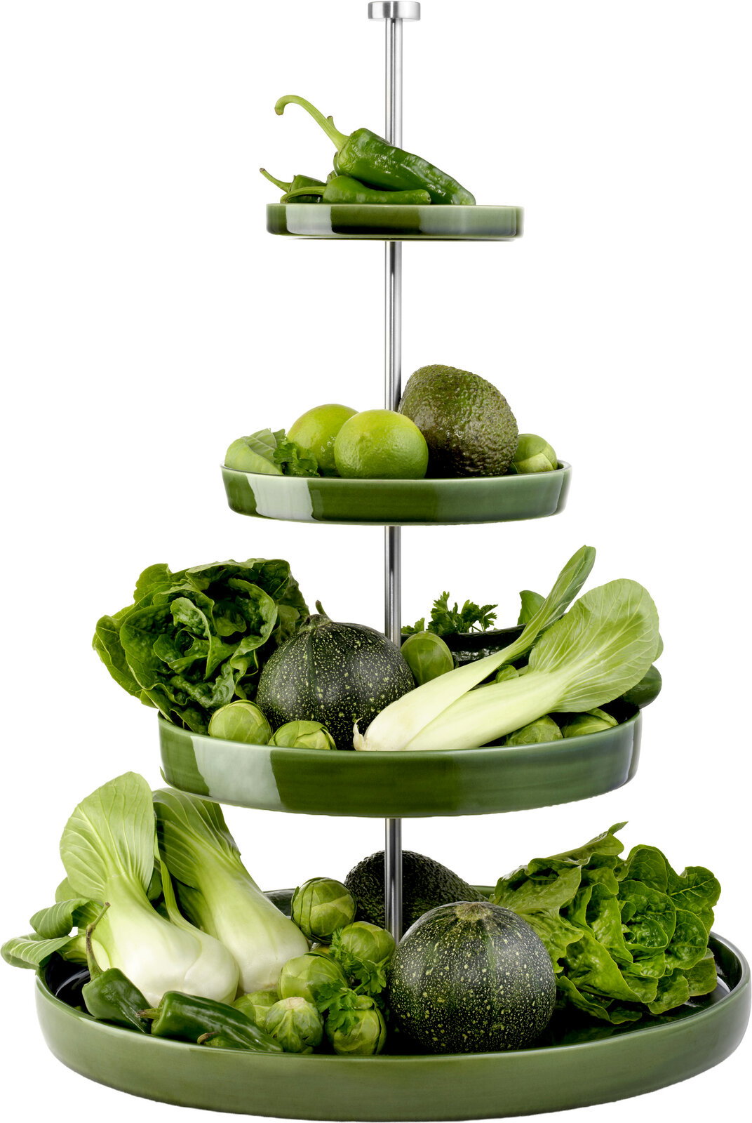 ASA SELECTION Etagere 4-stufig GRANDE Vierstöckige Etagere mit grünen Keramikschalen und Metallstange, gefüllt mit grünem Gemüse (u. a. Paprika, Limetten, Avocado, Salat, Pak Choi), freigestellt auf weißem Hintergrund, Frontansicht.