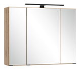 Moderner Spiegelschrank mit drei Türen und Holzrahmen, frontal betrachtet.