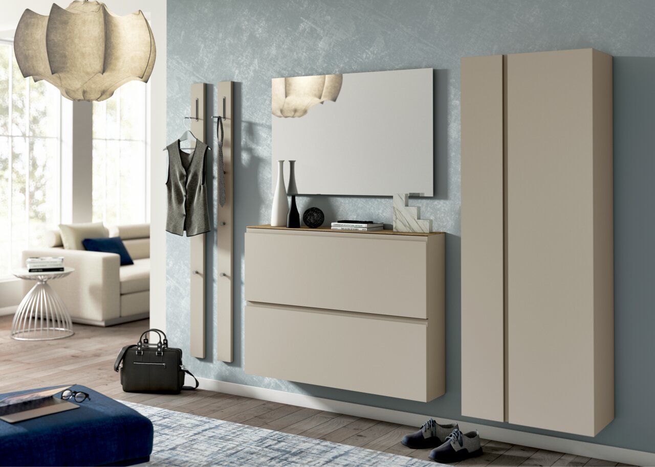 Moderano Hängeschuhschrank LECCO Moderne Garderobeneinrichtung mit Spiegel, Hängeschuhschrank und Garderobenpaneel in einer stilvollen, hellen Raumgestaltung. Perspektive von vorne.