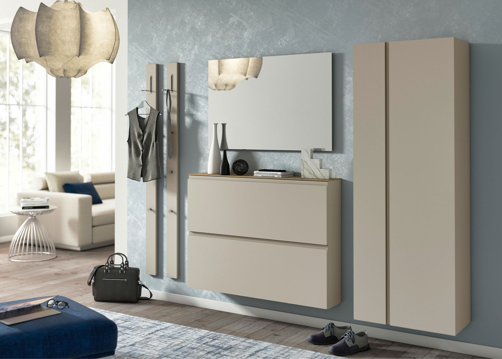 Moderne Garderobeneinrichtung mit Spiegel, Hängeschuhschrank und Garderobenpaneel in einer stilvollen, hellen Raumgestaltung. Perspektive von vorne.