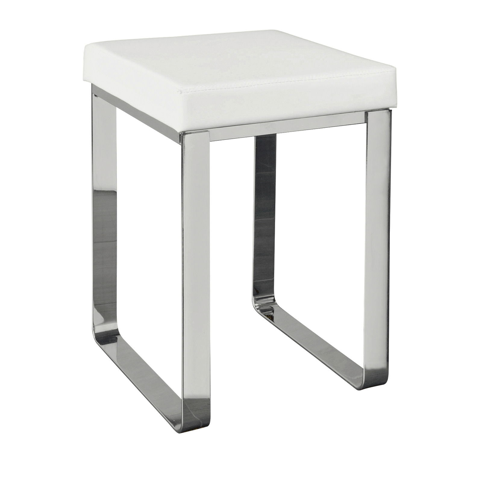 Moderner Badhocker mit weißem Sitzpolster und verchromtem Metallgestell, seitliche Perspektive