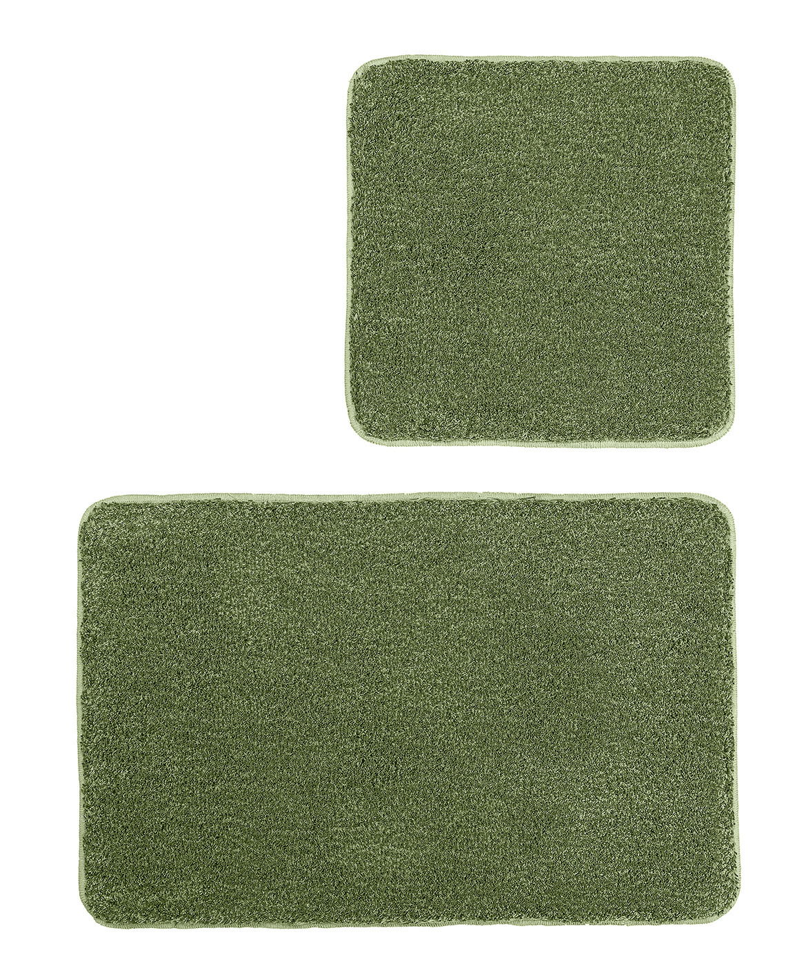 Zweiteiliges Badteppich-Set in Grün, bestehend aus einem größeren rechteckigen und einem kleineren quadratischen Teppich, aus der Vogelperspektive fotografiert.