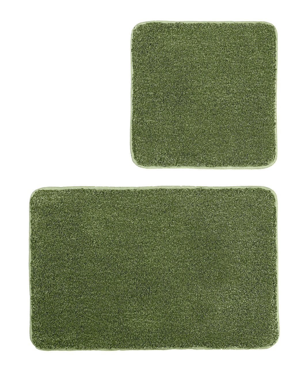 Kleine Wolke Badteppich Set 2tlg. RELAX Zweiteiliges Badteppich-Set in Grün, bestehend aus einem größeren rechteckigen und einem kleineren quadratischen Teppich, aus der Vogelperspektive fotografiert.