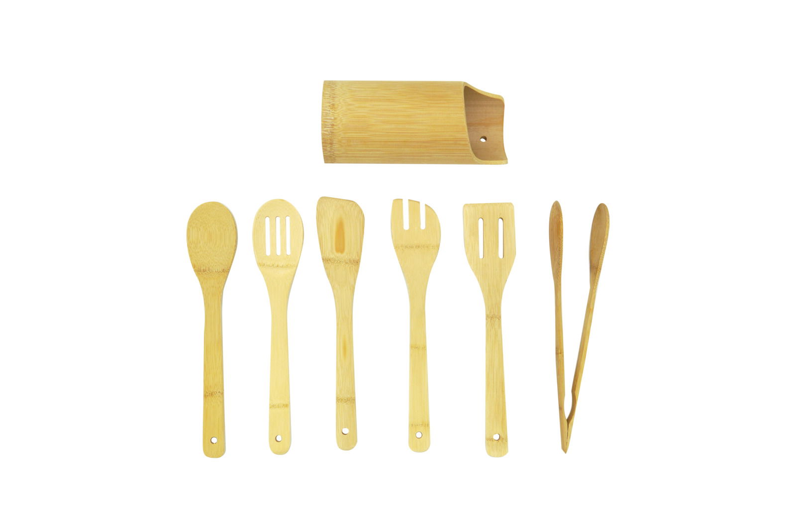 Küchenhelferset aus Bambus, bestehend aus verschiedenen Küchenutensilien und einem Halter, von oben betrachtet.