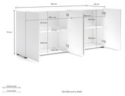 Weißes Sideboard mit zwei offenen Türen, zeigt Innenfächer und Maße, Perspektive von vorne links