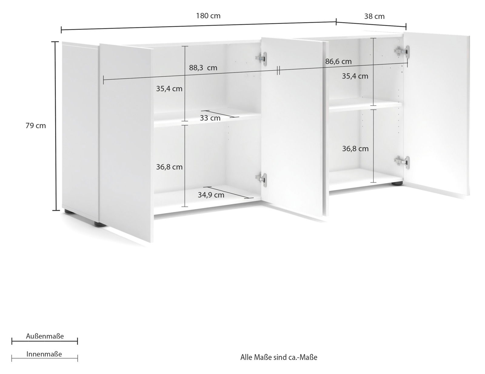 Weißes Sideboard mit zwei offenen Türen, zeigt Innenfächer und Maße, Perspektive von vorne links