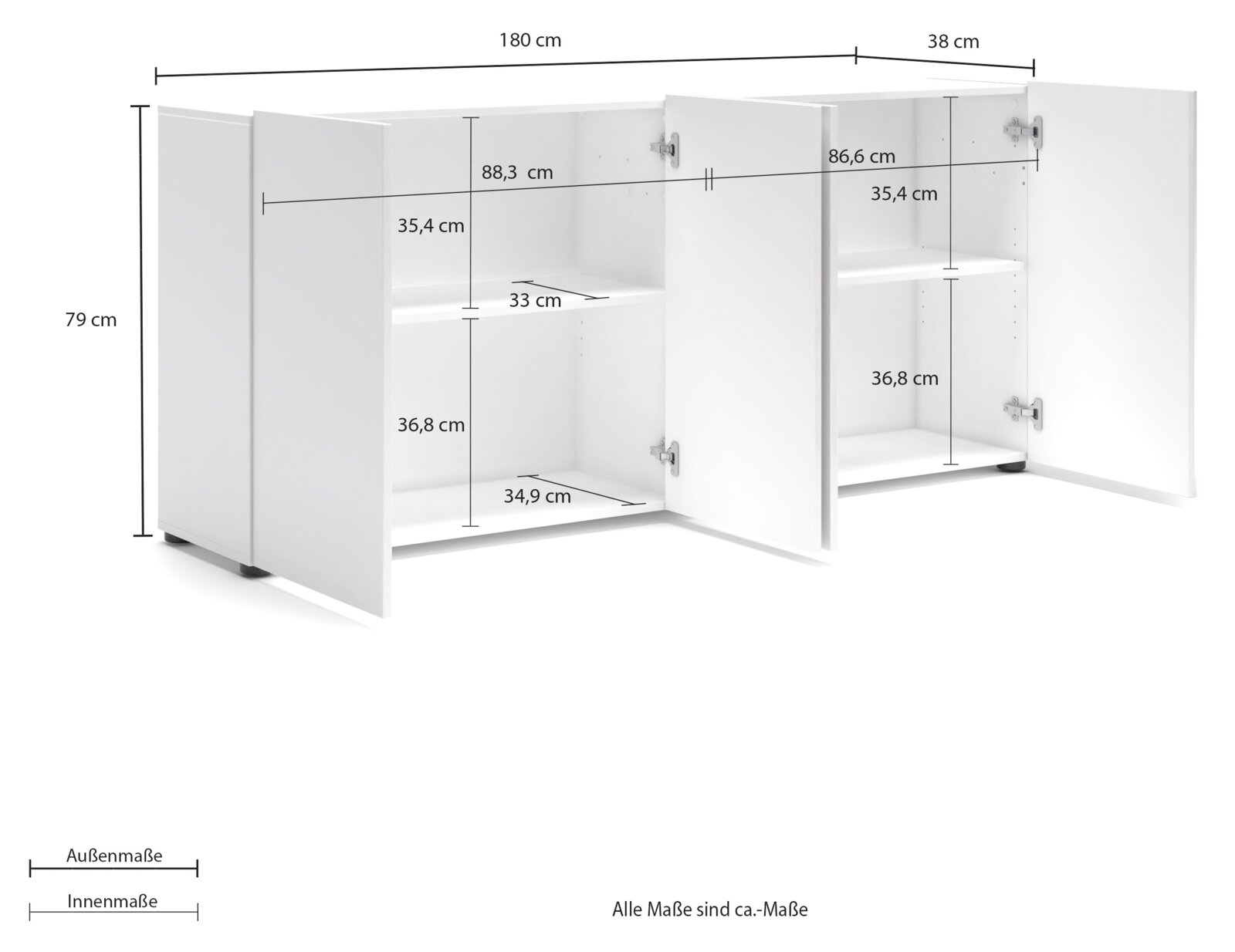 Weißes Sideboard mit zwei offenen Türen, zeigt Innenfächer und Maße, Perspektive von vorne links