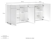 Weißes Sideboard mit zwei offenen Türen, zeigt Innenfächer und Maße, Perspektive von vorne links