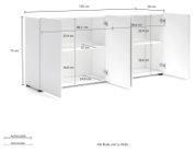 Wit dressoir met twee open deuren, met zicht op de binnenvakken en afmetingen, aanzicht van linksvoor