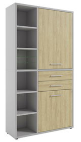 Moderner Aktenschrank mit Holzoptik und offenen Regalfächern, Frontalansicht