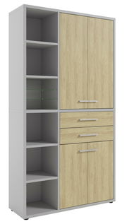 Moderner Aktenschrank mit Holzoptik und offenen Regalfächern, Frontalansicht