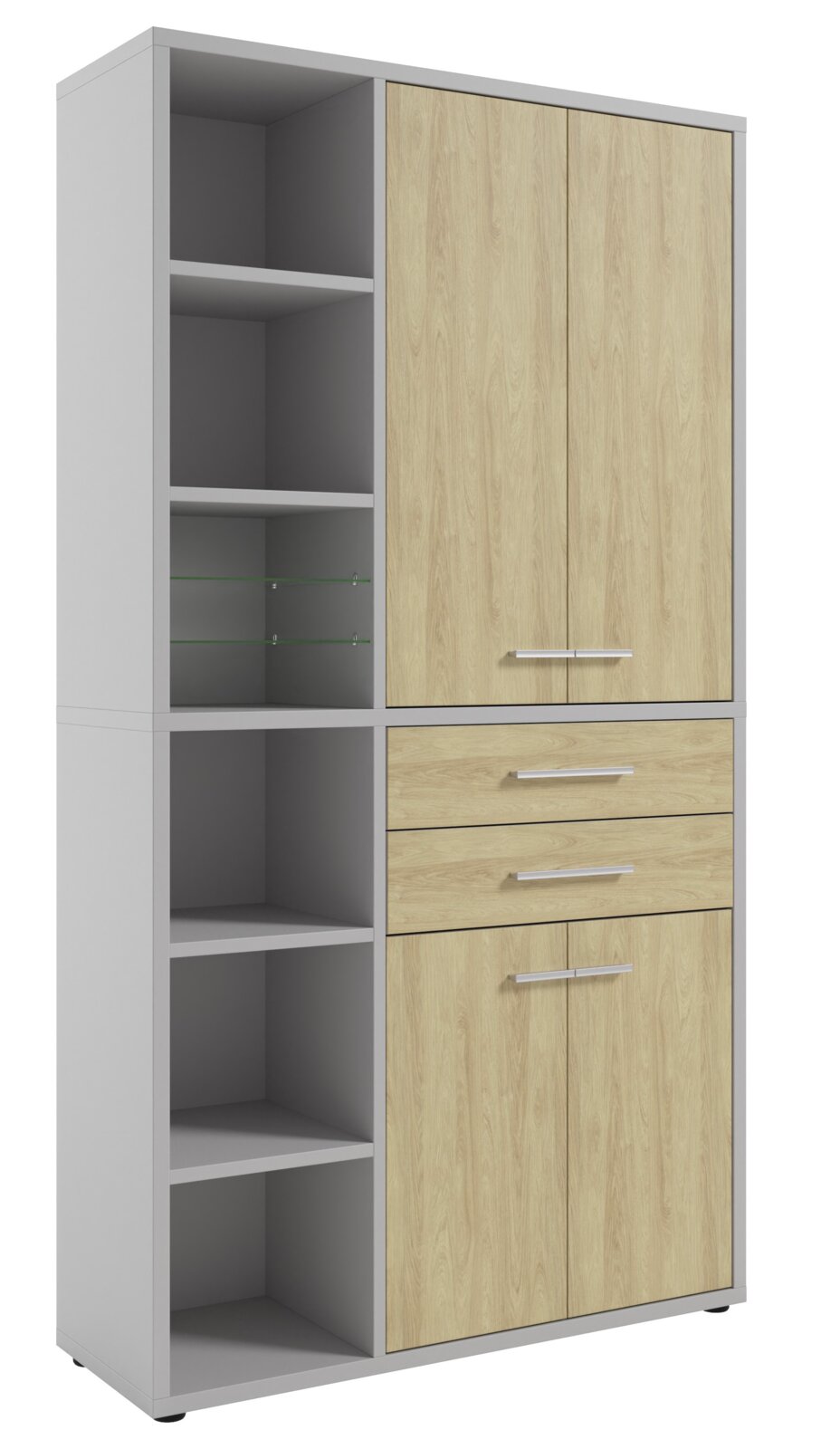Moderne archiefkast met houtlook en open vakken, vooraanzicht