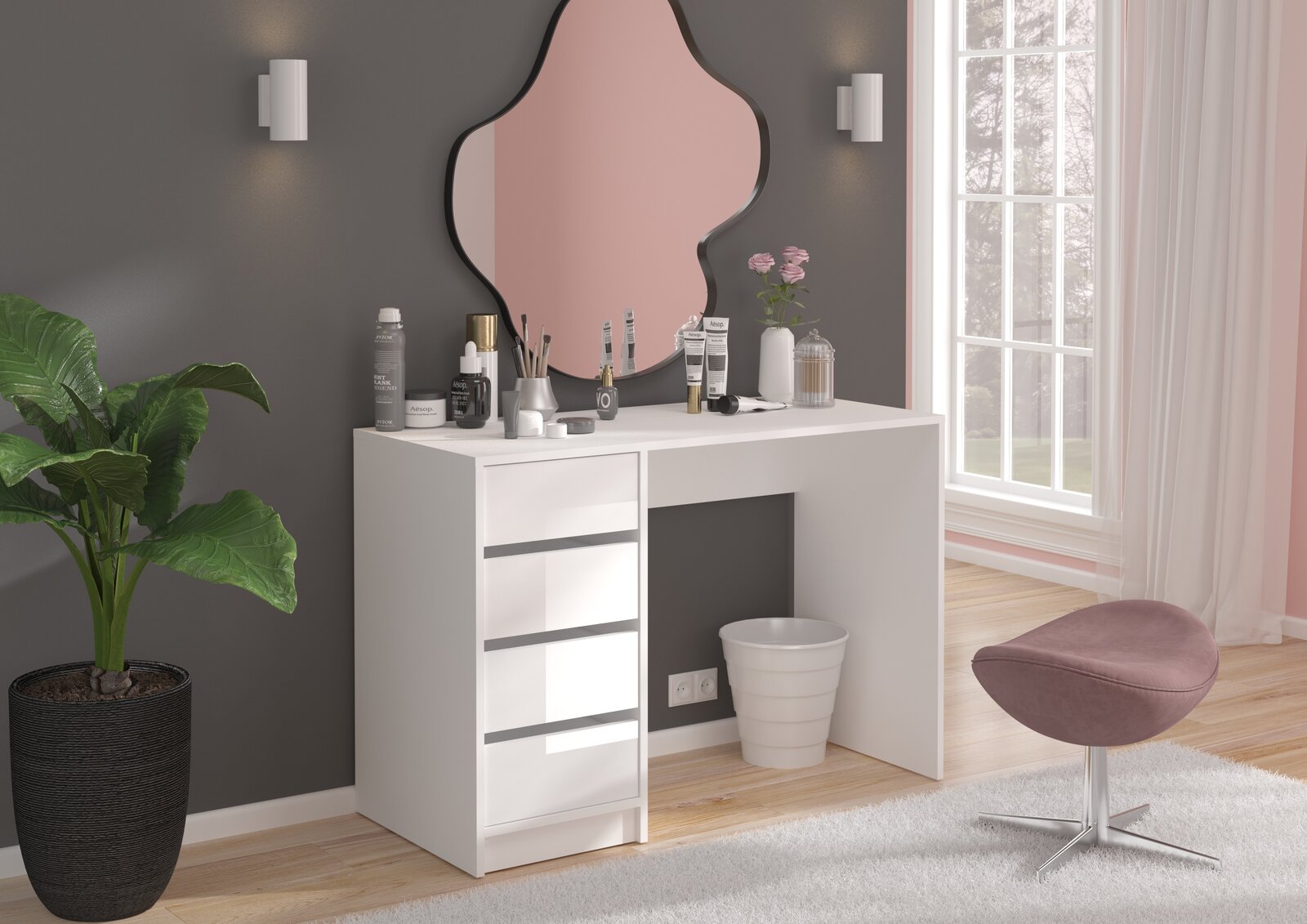 MID.YOU Schminktisch EMMA Moderner Schminktisch mit geschwungenem Spiegel, seitlicher Perspektive, dekoriert mit Kosmetikartikeln und Pflanzen.