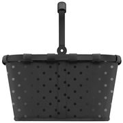 Schwarzer Einkaufskorb mit glänzenden Punkten, frontal abgebildet.