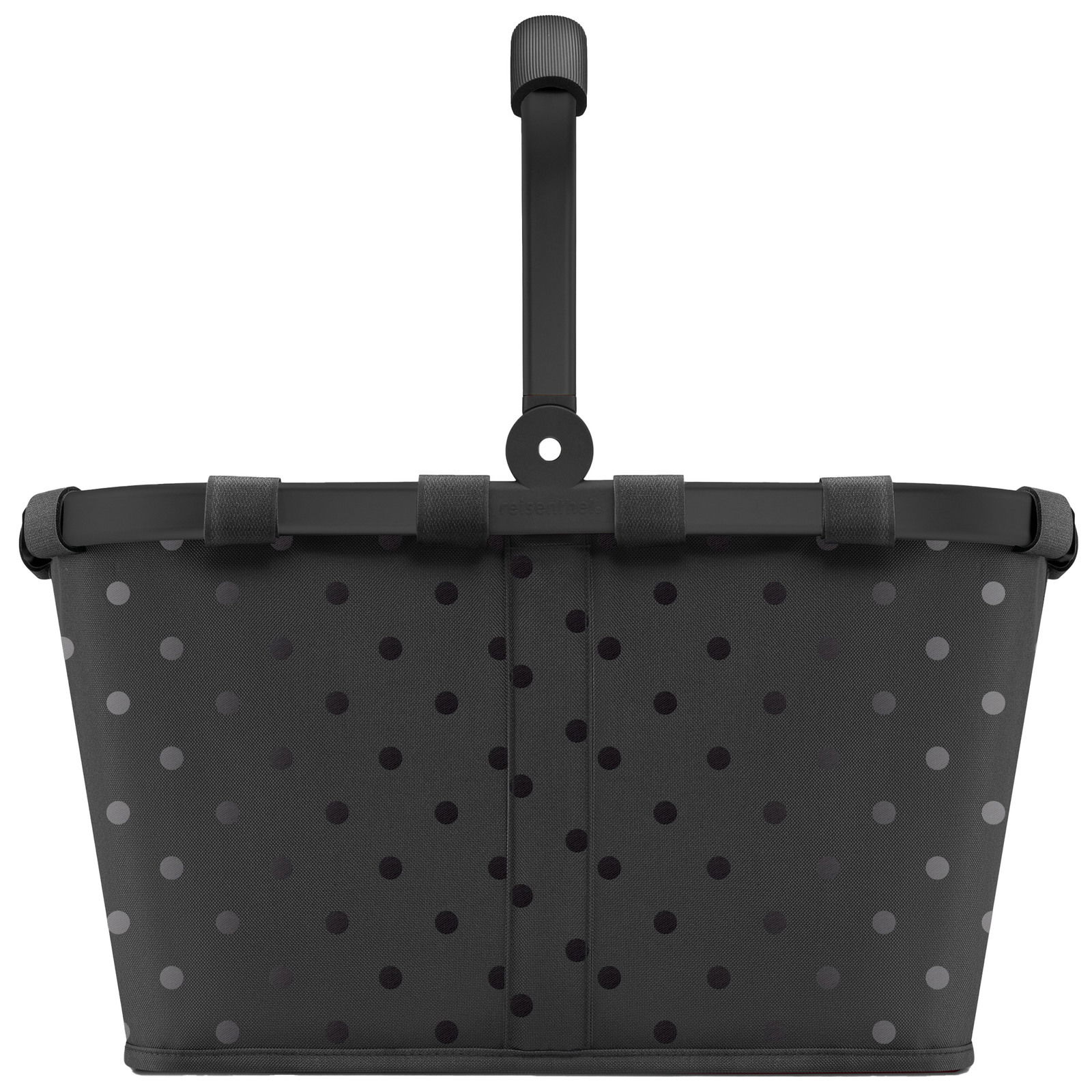 Schwarzer Einkaufskorb mit glänzenden Punkten, frontal abgebildet.