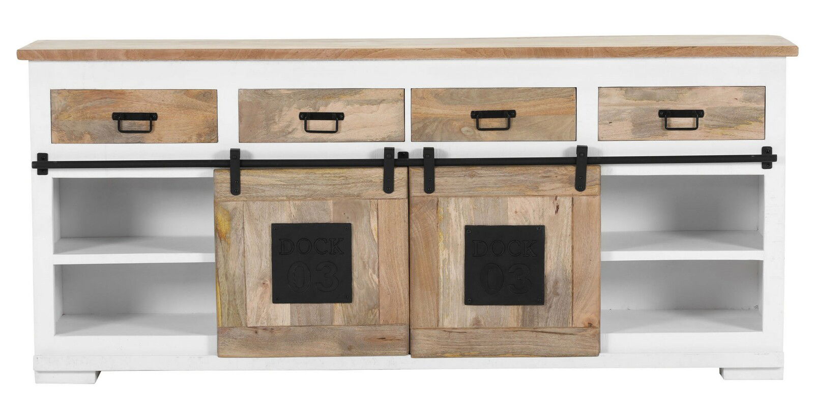 Frontale Ansicht eines Sideboards mit drei Schubladen und zwei Schiebetüren aus Holz, beschriftet mit 'DOCK 03'.