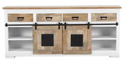 Frontale Ansicht eines Sideboards mit drei Schubladen und zwei Schiebetüren aus Holz, beschriftet mit 'DOCK 03'.