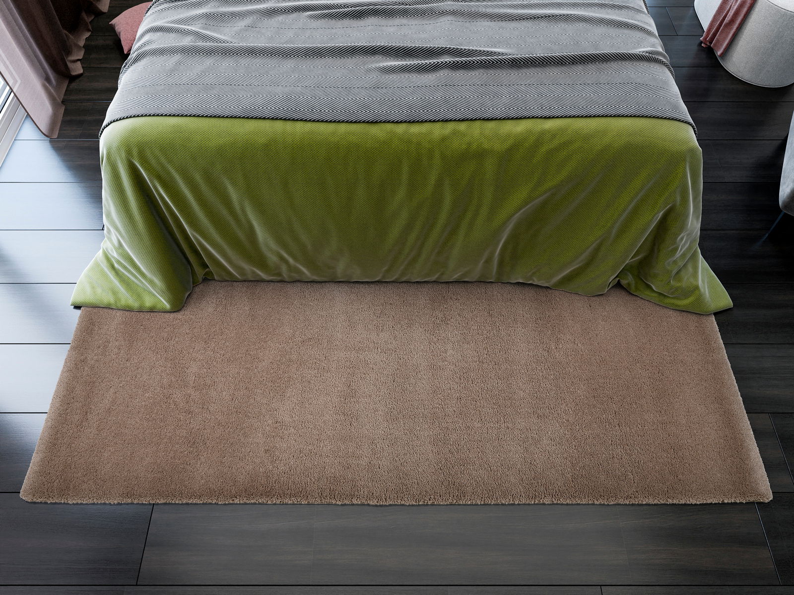 Beige Teppich Soft Dream ca. 80x300cm vor einem Bett mit grüner Tagesdecke, Vogelperspektive