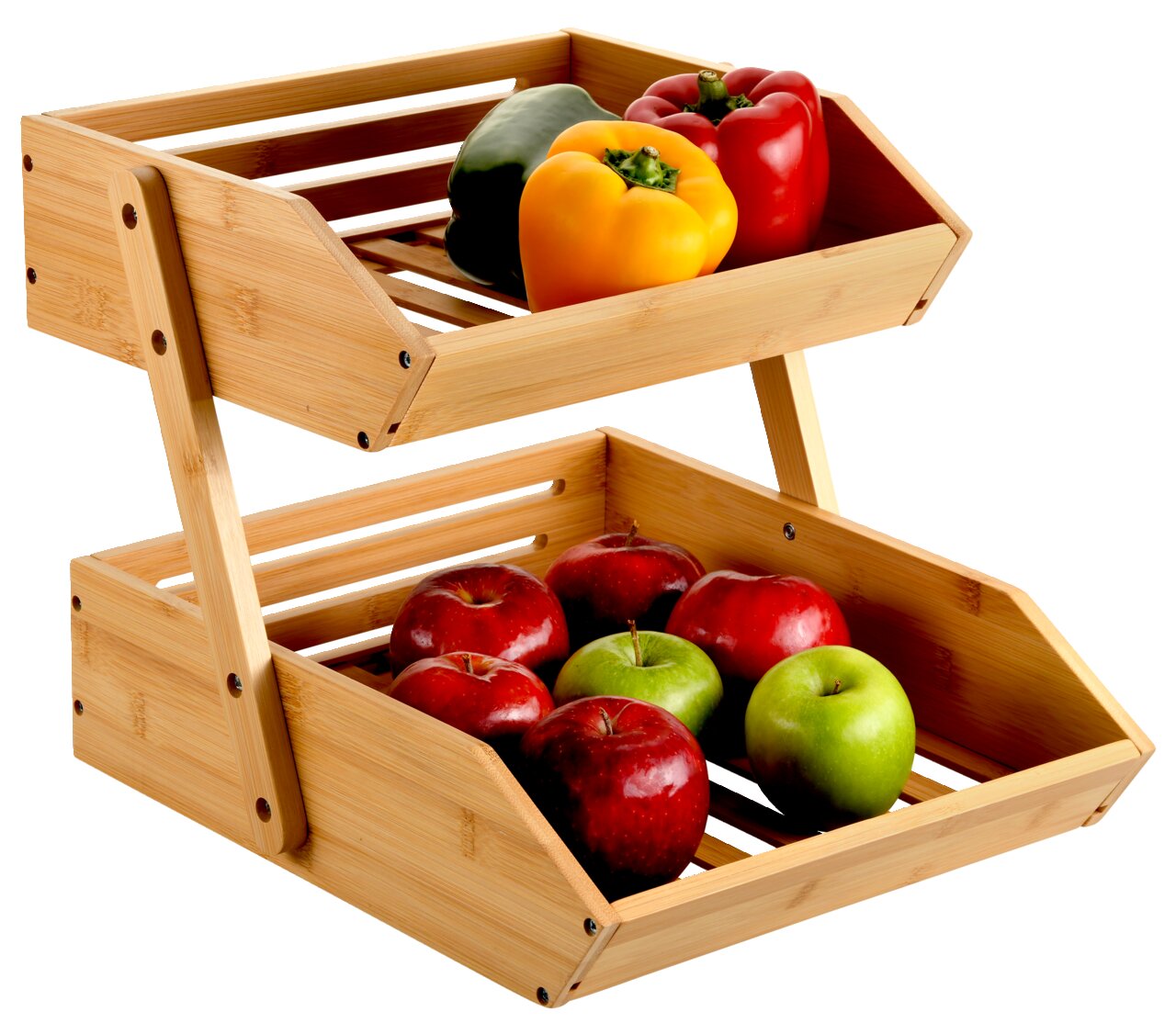 Kesper 2-Stufen-Regal Regal aus Bambus mit zwei Stufen, gefüllt mit buntem Gemüse und Obst, seitliche Perspektive